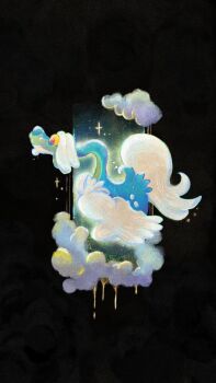 aqua_skin cloud colored_skin dark_cloud dragon drampa dripping flying fukyo full_body gen_7_pokemon highres long_hair nintendo no_humans pink_eyes pokemon pokemon_(creature) pokemon_focus sparkle tail