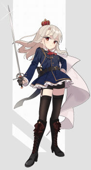 1girl absurdres akaneko016 ascot back_bow belt bike_shorts black_belt black_boots black_bow black_gloves black_shorts black_thighhighs blue_jacket blush boots border bow buttons cape closed_mouth collared_shirt crown eyelashes fate/grand_order fate/kaleid_liner_prisma_illya fate_(series) floating_hair frills full_body garter_belt gloves grey_border grey_hair hair_between_eyes hand_on_own_hip high_heel_boots high_heels highres holding holding_sword holding_weapon illyasviel_von_einzbern jacket lapels long_hair long_sleeves looking_at_viewer mini_crown outside_border polka_dot polka_dot_background red_ascot red_bow red_eyes shirt shorts sidelocks smile solo sparkle standing star_(symbol) star_ornament sword thighhighs weapon white_background white_cape white_shirt