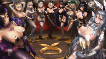 6+girls absurdres alternate_costume animal_ears arm_under_breasts arms_up bare_shoulders black_garter_straps black_hair black_leotard black_pantyhose black_shoes black_thighhighs blue_eyes blue_leotard blush bow bowtie breasts brown_dust_(series) brown_dust_2 character_request chest_tattoo chu31004 cleavage collarbone colored_inner_hair commentary_request detached_collar eclipse_(brown_dust_2) eclipse_(nightmare_bunny)_(brown_dust_2) elbow_gloves elf eyepatch eyes_visible_through_hair fake_animal_ears fake_tail fishnet_pantyhose fishnet_thighhighs fishnets garter_straps gloves gold_trim green_eyes green_leotard green_streaks hair_ribbon hand_on_own_hip heart_maebari high_heels high_ponytail highres holding holding_tray huge_breasts large_breasts leotard long_hair looking_at_viewer maebari medium_hair multicolored_hair multiple_girls navel official_alternate_costume open_mouth pantyhose playboy_bunny pointy_ears ponytail puffy_short_sleeves puffy_sleeves purple_hair purple_pantyhose rabbit_ears rabbit_tail red_bow red_bowtie red_eyes red_gloves ribbon shiny_clothes shiny_skin shoes short_hair short_sleeves signature standing standing_on_one_leg streaked_hair tail tattoo thighhighs tray two-tone_hair v very_long_hair white_gloves white_leotard white_pantyhose white_ribbon white_thighhighs white_wrist_cuffs wrist_cuffs