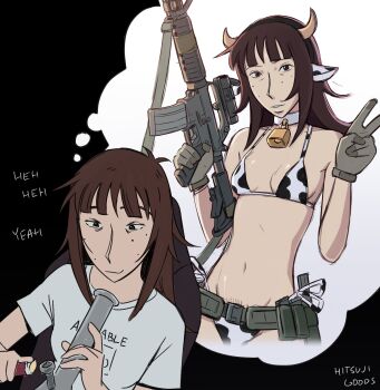 Rule 34 | 1girl, absurdres, animal ears, animal print, artist name, assault rifle, bell, belt, bikini, black background, black eyes, bong, breasts, brown hair, collar, commentary request, cow ears, cow horns, cow print, cow print bikini, cowbell, drugs, eyebrows hidden by hair, freckles, gloves, grey gloves, gun, highres, hitsuji (hitsujigoods), holding, holding gun, holding lighter, holding weapon, horns, imagining, kara eklund, lighter, m4 carbine, marijuana, navel, original, print bikini, pubic hair, pubic hair peek, rifle, side-tie bikini bottom, signature, simple background, small breasts, smile, smoking pipe, swimsuit, v, weapon, white collar