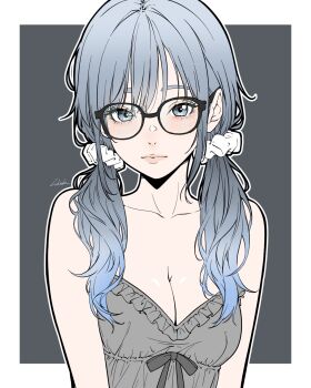 1girl bambi_surprise blue_hair breasts camisole cleavage commentary english_commentary glasses gradient_hair grey_camisole grey_eyes grey_hair highres looking_at_viewer multicolored_hair original signature solo twintails upper_body