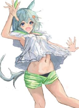 1girl animal_ears black_panties blue_eyes blush breasts commentary_request ear_covers flower green_sailor_collar green_shorts grey_hair hair_between_eyes hair_flower hair_ornament hairclip horse_ears horse_girl horse_tail looking_at_viewer midriff navel open_mouth panties sailor_collar seiun_sky_(reeling_in_the_big_one)_(umamusume) seiun_sky_(umamusume) shirt short_hair shorts simple_background single_ear_cover small_breasts smile solo sunflower sunflower_hair_ornament tail umamusume underwear white_background white_shirt yanagi_wakana