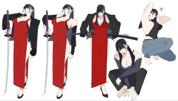 1girl billyonthestraw breasts dress expressionless feet highres katana large_breasts pants sword tagme weapon