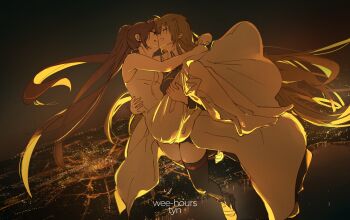 2girls absurdres brown_hair carrying fate_testarossa fate_testarossa_(impulse_form) highres long_hair lyrical_nanoha mahou_shoujo_lyrical_nanoha mahou_shoujo_lyrical_nanoha_strikers multiple_girls ossan_jololol princess_carry side_ponytail sky star_(sky) takamachi_nanoha very_long_hair wife_and_wife yuri