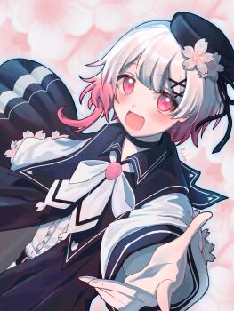 1girl :d beret black_choker black_hat black_jacket brooch cherry_blossoms choker commentary_request dutch_angle flower gradient_hair grey_background hair_flower hair_ornament hat highres jacket jewelry long_sleeves looking_at_viewer mahou_shoujo_no_majo_saiban multicolored_hair myohn neck_ribbon offering_hand open_mouth outstretched_arm pink_eyes pink_hair reaching reaching_towards_viewer ribbon sakuraba_ema short_hair smile solo white_flower white_hair white_ribbon x_hair_ornament