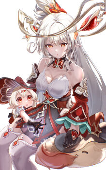 2girls absurdres alice_(genshin_impact) bare_shoulders black_gloves breasts cleavage commentary detached_collar detached_sleeves dodoco_(genshin_impact) fusyo_fuka genshin_impact gloves hat highres klee_(blossoming_starlight)_(genshin_impact) klee_(genshin_impact) large_breasts long_hair long_sleeves looking_at_viewer mother_and_daughter multiple_girls orange_eyes parted_lips pointy_ears red_hat simple_background sitting thighhighs very_long_hair white_background white_hair white_thighhighs witch_hat