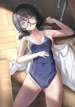 bare_shoulders black-framed_eyewear black_eyes black_hair blue_one-piece_swimsuit blush breasts collarbone commentary_request convenient_censoring covered_navel covering_breasts covering_crotch covering_privates groin hair_ornament hairclip highres looking_at_viewer lying medium_breasts medium_hair natuna_natu nude on_floor one-piece_swimsuit one_eye_closed open_mouth original pussy_juice school_swimsuit shirt short_twintails sideboob swimsuit twintails twitter_username unworn_shirt watermark white_shirt