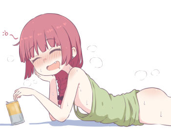 Rule 34 | 1girl, absurdres, arm support, ass, blush, bocchi the rock!, bottomless, bow, braid, braided ponytail, closed eyes, dress, drunk, fang, green dress, hair bow, highres, hiroi kikuri, leims (urje8584), lying, nipple slip, nipples, no panties, on stomach, open mouth, purple hair, simple background, solo, squeans, white background