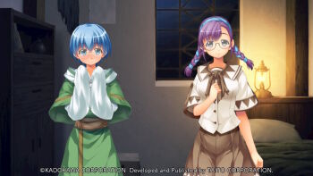 1boy 1girl asymmetrical_bangs atelier-moo bed blue_hair blush braid breasts brown_ribbon brown_skirt cheryl_christia chest_of_drawers christpher_cross clenched_hand closed_mouth company_name copyright_notice cowboy_shot embarrassed game_cg glasses green_robe grey_eyes hair_between_eyes hairband hand_on_own_chest hand_up hands_up hooded_robe indoors lamp large_variant_set layered_sleeves long_hair long_sleeves looking_at_viewer loose_clothes low_twin_braids medium_breasts night non-web_source official_art oversized_clothes pillow purple_hair ribbon robe sash school_uniform shirt short_hair short_over_long_sleeves short_sleeves side-by-side skirt sleeves_past_fingers sleeves_past_wrists smile standing tareme twin_braids variant_set white_shirt window yuukyuu_gensoukyoku yuukyuu_gensoukyoku_revival