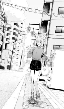 1girl animal_ears bag bare_legs black_shorts blue_archive cable commentary_request fox_ears fox_girl grin halo hand_wave highres looking_at_viewer monochrome niko_(blue_archive) plastic_bag road short_hair shorts smile solo standing street suecovsky sweater urban utility_pole