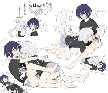 Rule 34 | 2girls, animal ears, barefoot, between legs, black shirt, blue hair, cat ears, cat girl, cat tail, closed eyes, closed mouth, commentary, cuddling, flying sweatdrops, grey skirt, hand on another's chin, head up shirt, heart, highres, kemonomimi mode, konno junko, kuma (bloodycolor), mizuno ai, multiple girls, open mouth, pink eyes, pleated skirt, shirt, short hair, simple background, skirt, speech bubble, spoken heart, symbol-only commentary, tail, toes, translation request, twintails, white background, white hair, yuri, zombie land saga