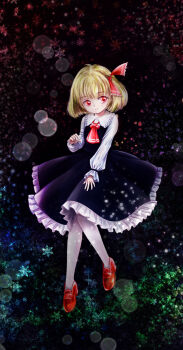 1girl 4183rumia absurdres ascot black_background black_skirt black_vest blonde_hair blurry bokeh commentary_request depth_of_field frilled_shirt_collar frilled_skirt frills full_body hair_ribbon highres long_sleeves parted_lips red_ascot red_eyes red_ribbon red_shoes ribbon rumia shirt shoes short_hair skirt snowflakes solo sparkle thighhighs touhou vest white_mouth white_shirt white_thighhighs
