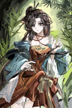 1girl :o absurdres bamboo bare_shoulders black_hair blue_eyes branch cowboy_shot dress facial_mark forehead_mark green_background green_sleeves hair_branch highres holding holding_branch jiu_niangzi long_hair red_dress reverse:1999 solo tawen wide_sleeves