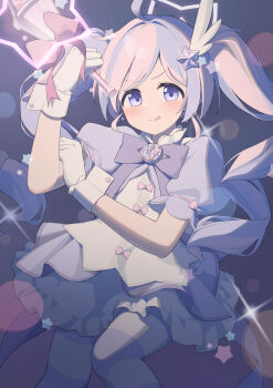 1girl absurdres blue_archive blue_hair blush bow clenched_hand closed_mouth drill_hair gloves halo highres holding_own_arm hotarihotaru jacket long_hair looking_at_viewer multicolored_hair official_alternate_costume official_alternate_hairstyle purple_bow purple_eyes purple_hair purple_halo purple_jacket purple_skirt purple_thighhighs reisa_(blue_archive) reisa_(magical)_(blue_archive) shirt short_sleeves skirt smile solo striped_clothes striped_thighhighs thighhighs tongue tongue_out twin_drills two-tone_hair white_gloves white_shirt