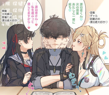 1boy 2girls arm_cutout black_choker black_hair black_jacket blonde_hair breasts chisa_(wuthering_waves) choker cleavage clothing_cutout commentary_request crossed_arms earrings grey_shirt hair_ornament hair_ribbon headphones headphones_around_neck heart highres indoors jacket jewelry large_breasts long_hair looking_at_another lynae_(wuthering_waves) male_rover_(wuthering_waves) multiple_girls red_eyes red_ribbon revision ribbon rover_(wuthering_waves) sailor_collar scene_reference shirt skull_hair_ornament smile star_(symbol) star_earrings tacet_mark_(wuthering_waves) the_weaker_sex_1_(gibson) translation_request white_sailor_collar white_shirt wuthering_waves yumegiwa_(skgl_thx)