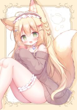 1girl :d animal_ear_fluff animal_ears bare_shoulders blonde_hair blush bow brown_hairband commentary_request cup feet_out_of_frame fox_ears fox_girl fox_tail frilled_hairband frilled_thigh_strap frills green_eyes hair_bow hair_ornament hairband hanasakichu highres holding holding_cup knees_up long_hair long_sleeves looking_at_viewer no_pants off-shoulder_sweater off_shoulder open_mouth original red_bow sitting smile solo sweater tail thigh_strap x_hair_ornament