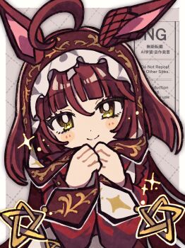 1girl absurdres ahoge animal_ears blunt_bangs blunt_ends blush brown_hair closed_mouth dress frilled_hairband frills hair_between_eyes hairband hands_up highres horse_ears horse_girl long_hair long_sleeves machiya_tako red_desire_(umamusume) red_dress red_hairband smile solo umamusume very_long_hair yellow_eyes