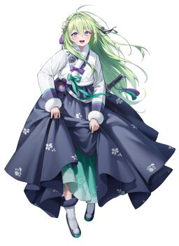 1girl absurdres ayoni_623 black_ribbon black_skirt blue_eyes bokjumeoni boots bow braid chima_(clothes) floral_print flower full_body fur-trimmed_boots fur_trim gradient_eyes green_bow green_hair hair_flower hair_ornament hair_ribbon hanbok hashtag-only_commentary highres jewelry korean_clothes long_hair long_skirt long_sleeves multicolored_eyes open_mouth purple_bow ribbon ring sheath sheathed simple_background skirt solo stellive sword virtual_youtuber weapon white_background white_boots yuzuha_riko