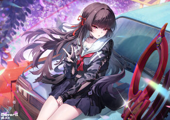 1girl absurdres black_jacket black_shirt black_skirt blush car chisa_(wuthering_waves) commentary_request flower hair_ribbon highres jacket long_hair looking_at_viewer mayoril motor_vehicle neckerchief open_clothes open_jacket open_mouth purple_flower red_eyes red_neckerchief red_ribbon ribbon sailor_collar school_uniform serafuku shirt sitting skirt sleeves_past_wrists solo v white_sailor_collar wuthering_waves