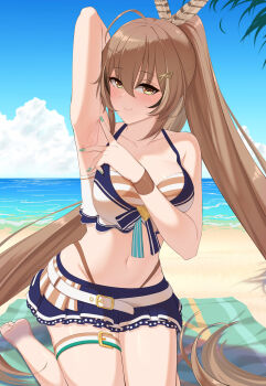 1girl aqua_eyes arm_up armpit_focus armpits barefoot beach beach_towel belt bikini bikini_skirt breasts brown_eyes brown_hair closed_mouth collarbone commentary commission day english_commentary eyelashes front-tie_bikini_top front-tie_top hair_between_eyes hair_ornament hairclip hand_up highleg highleg_bikini highres hololive hololive_english hololive_summer_2023_swimsuit hui_yu large_breasts layered_bikini long_hair looking_at_viewer nail_polish nanashi_mumei navel on_ground outdoors presenting_armpit seiza sitting smile soles solo spread_armpit stomach swimsuit thigh_belt thigh_strap thighs toes towel very_long_hair virtual_youtuber white_belt
