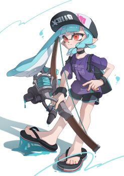 1girl absurdres baseball_cap black_shorts bow_(weapon) chu_u0spl closed_mouth commentary dolphin_shorts eyelashes full_body hat highres holding holding_bow_(weapon) holding_weapon ink ink_tank_(splatoon) inkling inkling_girl inkling_player_character long_hair looking_ahead nintendo print_shirt purple_shirt red_eyes shirt shorts solo splatoon_(series) splatoon_3 standing sticky symbol-only_commentary t-shirt tentacle_hair toes tri-stringer_(splatoon) weapon white_background