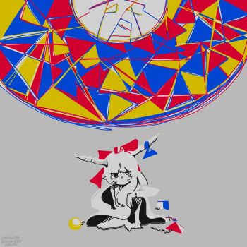 Rule 34 | 1girl, 3ma can omochi, abstract, abstract background, arm on own leg, arm rest, blue ribbon, bow, commentary request, cube, expressionless, full body, grey background, hair bow, highres, horn ornament, horn ribbon, horns, ibuki suika, knee up, limited palette, long hair, looking at viewer, muted color, orb, pyramid (geometry), red bow, ribbon, sitting, solo, spot color, straight-on, touhou, wide shot