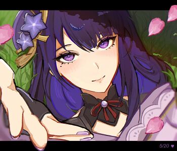 1girl arm_up black_border blush border bridal_gauntlets closed_mouth colored_inner_hair day eyelashes fan_hair_ornament fingernails flower gem genshin_impact grass hair_between_eyes hair_flower hair_ornament japanese_clothes jewelry kimono lips long_hair looking_at_viewer looking_up lying mole mole_under_eye multicolored_hair nail_polish neck_ribbon off_shoulder on_back outdoors outside_border pendant petals phaethonchan purple_eyes purple_flower purple_gem purple_hair purple_kimono purple_nails purple_pupils raiden_shogun red_ribbon ribbon shadow single_sidelock smile solo tassel tassel_hair_ornament