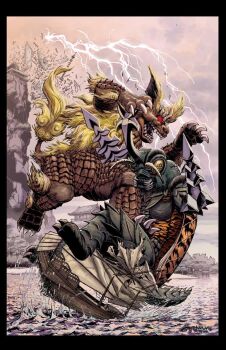 antennae bug building claws cliff compound_eyes destruction drill electricity energy falling floppy_ears forest full_body gem gem_on_head giant giant_monster glowing glowing_eyes godzilla_(series) godzilla_vs._mechagodzilla godzilla_vs._megalon_(1973) highres horns jeff_zornow kaiju king_caesar_(godzilla) lightning lion mandibles megalon monster nature no_humans no_pupils open_mouth red_eyes sharp_teeth ship single_horn splashing tail teeth toho tree water watercraft waves yellow_eyes