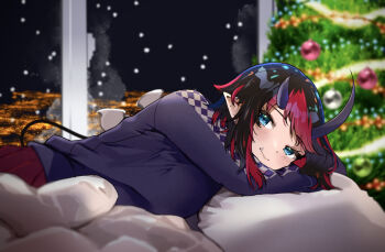 1girl alternate_costume black_hair blue_eyes blush breasts christmas_tree city_lights closed_mouth commentary demon_girl demon_horns demon_tail earrings highres horns indoors jewelry large_breasts looking_at_viewer lying multicolored_hair nanashi_inc. on_bed on_stomach pillow pointy_ears pov_across_bed purple_sweater red_hair red_skirt ryugasaki_rene short_hair skirt smile snowing solo stud_earrings sugar_lyric sweater symbol-only_commentary tail two-tone_hair virtual_youtuber zono_(inokura_syuzo029)