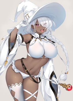 1girl adjusting_clothes adjusting_headwear belt black_belt breasts commentary cowboy_shot crop_top dark-skinned_female dark_skin detached_sleeves earrings frilled_panties frills gloves grey_background hair_over_one_eye hat hataraki_kuma highres holding holding_rod jewelry large_breasts leaning_forward long_hair navel open_mouth original panties purple_eyes rod shirt simple_background single_thighhigh sleeveless sleeveless_shirt smile solo thigh_strap thighhighs underwear white_gloves white_hat white_panties white_shirt white_sleeves white_thighhighs wide_sleeves witch_hat