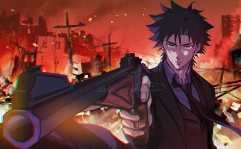 1boy absurdres aiming black_coat black_hair black_necktie chromatic_aberration coat commentary_request dated destruction embers emiya_kiritsugu empty_eyes facial_hair fate/zero fate_(series) fire foreshortening grey_eyes gun handgun highres holding holding_gun holding_weapon light_frown long_coat majimaaa male_focus necktie serious signature smoke solo stubble thompson/center_contender upper_body utility_pole watermark weapon