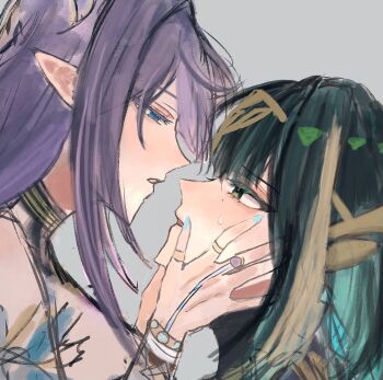 Rule 34 | 2girls, blue eyes, blue nails, commentary, eye contact, genshin impact, green eyes, green hair, grey background, hand on another's face, highres, lauma (genshin impact), long hair, looking at another, mole, mole under eye, multiple girls, nefer (genshin impact), parted lips, pointy ears, purple hair, unfinished, ye sh420, yuri