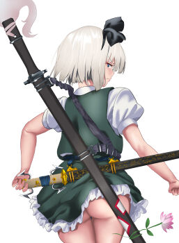 absurdres ass blue_eyes from_behind frown green_skirt green_vest highres katana konpaku_youmu looking_at_viewer looking_back no_panties sheath sheathed shirt short_hair short_sleeves simple_background skirt skirt_caught_on_object sword sword_on_back touhou vest weapon weapon_on_back white_background white_hair white_shirt yuri_kowashi_(tetsukabuto_nuranura)