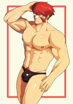 1boy abs absurdres bara black_male_underwear blush briefs bulge facial_hair feet_out_of_frame glasses hand_on_own_head highres kekkai_sensen klaus_von_reinhertz large_pectorals latex_underwear long_sideburns looking_at_viewer male_focus male_pubic_hair male_underwear mature_male muscular muscular_male mutton_chops navel nipples pectorals pubic_hair short_hair sideburns solo stomach thighs topless_male underwear underwear_only zink_(zink_mchn)