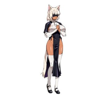 Rule 34 | 1girl, animal ear fluff, animal ears, axl crow, black dress, black shoes, blindfold, breasts, cat ears, cat girl, cat tail, closed mouth, commentary, covered eyes, dark-skinned female, dark skin, demonherd, dress, english commentary, full body, large breasts, long sleeves, own hands together, pelvic curtain, praying, sasha (demonherd), shoes, short hair, simple background, solo, tail, thighhighs, white background, white hair, white thighhighs