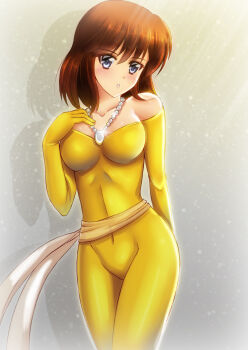 1girl absurdres bare_shoulders blue_eyes blush bodysuit breasts brown_hair castle_of_cagliostro clarisse_de_cagliostro collarbone covered_navel cowboy_shot grey_background hair_between_eyes highres jewelry long_hair lupin_iii medium_breasts necklace off_shoulder open_mouth sawwei005 skin_tight solo standing yellow_bodysuit