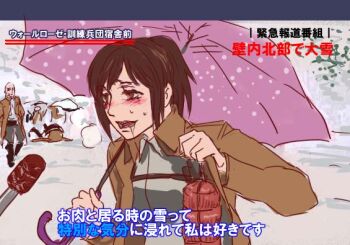 1girl artist_request blush brown_hair drooling food interview jacket keith_shadis kurokoshou_(spicyland) meat meme microphone parody potato sasha_blouse shared_umbrella shingeki_no_kyojin smile snow snowing special_feeling_(meme) translated umbrella winter_clothes