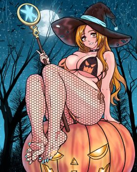 1girl absurdres alternate_eye_color badkid77 bare_shoulders barefoot bleach breasts choker collarbone fishnet_thighhighs fishnets forest halloween halloween_costume hat highres inoue_orihime jack-o&#039;-lantern large_breasts long_hair mole mole_under_mouth moon nature night orange_hair paid_reward_available pumpkin sitting staff thighhighs thighs witch witch_hat