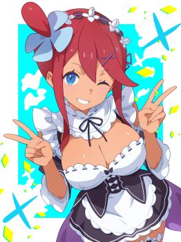 Rule 34 | 1girl, absurdres, black ribbon, blue eyes, breasts, commission, commissioner upload, cosplay, dress, hair ornament, highres, large breasts, looking at viewer, maid, maid headdress, nintendo, one eye closed, pink ribbon, pokemon, pokemon bw, red hair, rem (re:zero), rem (re:zero) (cosplay), ribbon, roswaal mansion maid uniform, short hair with long locks, sidelocks, skeb commission, skyla (pokemon), smile, solo, takasaka light, underbust, x (symbol), x hair ornament