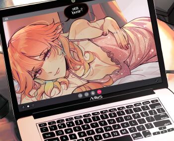 1girl alternate_costume amlichan blush breasts bright_pupils closed_mouth commentary computer ear_piercing earrings english_commentary english_text feather_earrings feathers fingernails freckles gradient_hair green_hair hand_on_own_chest highres hololive hololive_english jewelry laptop large_breasts long_fingernails long_hair looking_at_viewer lying multicolored_hair nail_polish nightgown on_side orange_hair piercing pink_eyes pink_nails pink_nightgown ring sleepwear speech_bubble takanashi_kiara video_call virtual_youtuber white_pupils