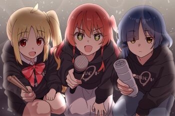 Rule 34 | + +, 3girls, absurdres, ahoge, black hoodie, blonde hair, blue hair, blue pants, bocchi the rock!, bottle, bow, bowtie, closed mouth, commentary request, detached ahoge, drumsticks, green eyes, highres, holding, holding bottle, holding drumsticks, holding microphone, hood, hood down, hoodie, ijichi nijika, kita ikuyo, long hair, long skirt, long sleeves, looking at viewer, microphone, mole, mole under eye, multiple girls, one side up, open mouth, pants, red bow, red bowtie, red eyes, red hair, shirt, short hair, side ponytail, skirt, vector (dmlddmld00), white shirt, white skirt, yamada ryo, yellow eyes