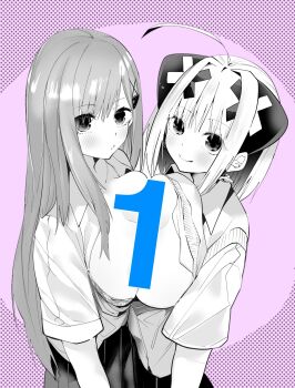 2girls ahoge areola_slip blush bra bra_pull breast_press breasts breasts_out cleavage clothes_pull collarbone convenient_censoring earrings greyscale hair_ornament highres jewelry large_breasts long_hair looking_at_viewer monochrome multiple_girls nano_(yumene_connect) no_bra official_art open_clothes open_shirt pink_background planet_earrings saeki_momoka sawada_kou school_uniform shirt sidelocks simple_background skirt symmetrical_docking underwear vest vest_lift white_shirt x_hair_ornament yumene_connect