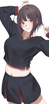 1girl black_shirt black_skirt blush breasts brown_hair collarbone cowboy_shot earrings embarrassed highres jewelry large_breasts long_sleeves navel original purple_eyes ratsuku_kinoko shirt simple_background skirt smile standing white_background