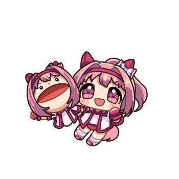 1girl :d animal_ears bow buruma chibi commentary_request ear_bow fingerless_gloves flower-shaped_pupils full_body gloves gym_shirt gym_uniform hair_intakes hairband hand_puppet haru_urara_(bestest_prize)_(umamusume) haru_urara_(umamusume) horse_ears horse_girl horse_tail jacket looking_at_viewer mochiusasa open_clothes open_jacket open_mouth pink_hair ponytail puppet purple_eyes red_buruma red_gloves red_hairband shirt shoes simple_background smile socks solo striped_clothes striped_socks symbol-shaped_pupils tail umamusume white_background white_bow white_jacket white_shirt white_shoes