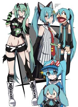 2025_hatsune_miku_look-alike_contest 3girls :/ absurdres alternate_costume animal_ear_headphones animal_ears aqua_eyes aqua_hair arm_tattoo arm_warmers belt black_arm_warmers black_shirt black_shorts black_skirt blue_dress blue_hat bow bright_pupils cat_ear_headphones cat_ears character_doll character_print commentary cropped_shirt diagonal-striped_bow doll dress eyelashes fake_animal_ears gir_(dog_costume)_(invader_zim) gir_(invader_zim) green_arm_warmers green_hair grey_shirt hand_puppet hand_up hat hatsune_miku headphones highres invader_zim kekel looking_at_viewer mcdonald&#039;s mesmerizer_(vocaloid) multiple_girls navel necktie off-shoulder_shirt off_shoulder pantyhose pleated_skirt puppet red_bow red_necktie shirt shorts simple_background single_arm_warmer skirt sleeveless sleeveless_shirt striped_arm_warmers striped_bow striped_clothes striped_shirt stuffed_toy tattoo thighs tie_clip torn_clothes torn_pantyhose vertical-striped_clothes vertical-striped_shirt visor_cap vocaloid white_background white_belt white_bow white_pupils