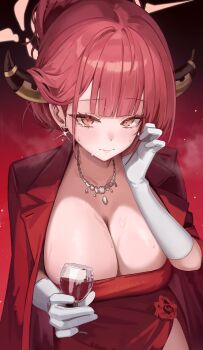 1girl absurdres aru_(blue_archive) aru_(dress)_(blue_archive) blue_archive blush breasts commentary_request cup dress drinking_glass gloves halo highres holding holding_cup jacket jacket_on_shoulders jewelry jun_daniell large_breasts looking_at_viewer necklace red_dress red_hair red_jacket short_hair solo strapless strapless_dress white_gloves wine_glass