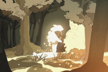 2girls aerith_gainsborough age_progression blue_dress boots braid braided_ponytail child dress final_fantasy final_fantasy_vii final_fantasy_vii_remake flower forest glowing green_ribbon green_shirt hair_ribbon hashtag-only_commentary highres hug kneeling lily_(flower) multiple_girls nature outdoors parted_bangs ponytail puffy_short_sleeves puffy_sleeves ribbon shirt shirt_under_dress short_sleeves single_braid spirit tree wintercoming42 yellow_flower