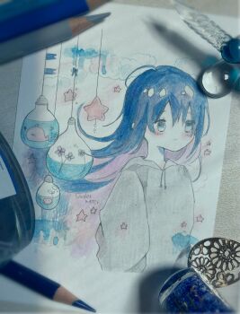 1girl aoyagi874 art_tools_in_frame blue_eyes blue_hair blush closed_mouth cloud commentary_request drawstring english_text fish flower gradient_hair highres hood hoodie jar long_hair long_sleeves multicolored_hair original paint_splatter painting_(medium) pale_skin photo_(medium) purple_hair solo star_(symbol) traditional_media two-tone_hair underwater upper_body watercolor_(medium) whale