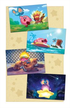 awoofy blush_stickers buffahorn colored_skin commentary elfilin english_commentary fire_kirby gnawcodile highres horns hot kirby kirby_(series) kirby_and_the_forgotten_land night nintendo no_humans notched_ear open_mouth palm_tree pink_skin rhandi_mask running shooting_star sleeping star_(sky) star_(symbol) swim_ring tree warp_star