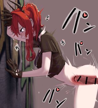 1boy 1girl against_wall arknights ass bar_censor bent_over black_shirt blush bottomless censored choker clothed_sex cross cross-section cross_necklace dark-skinned_male dark_skin doctor_(arknights) from_side hetero highres jewelry mildt motion_blur motion_lines necklace nervous_sweating open_mouth penis profile red_hair saliva sex sex_from_behind shirt solo_focus standing surprised surtr_(arknights) sweat sweatdrop t-shirt teeth uterus vaginal x-ray